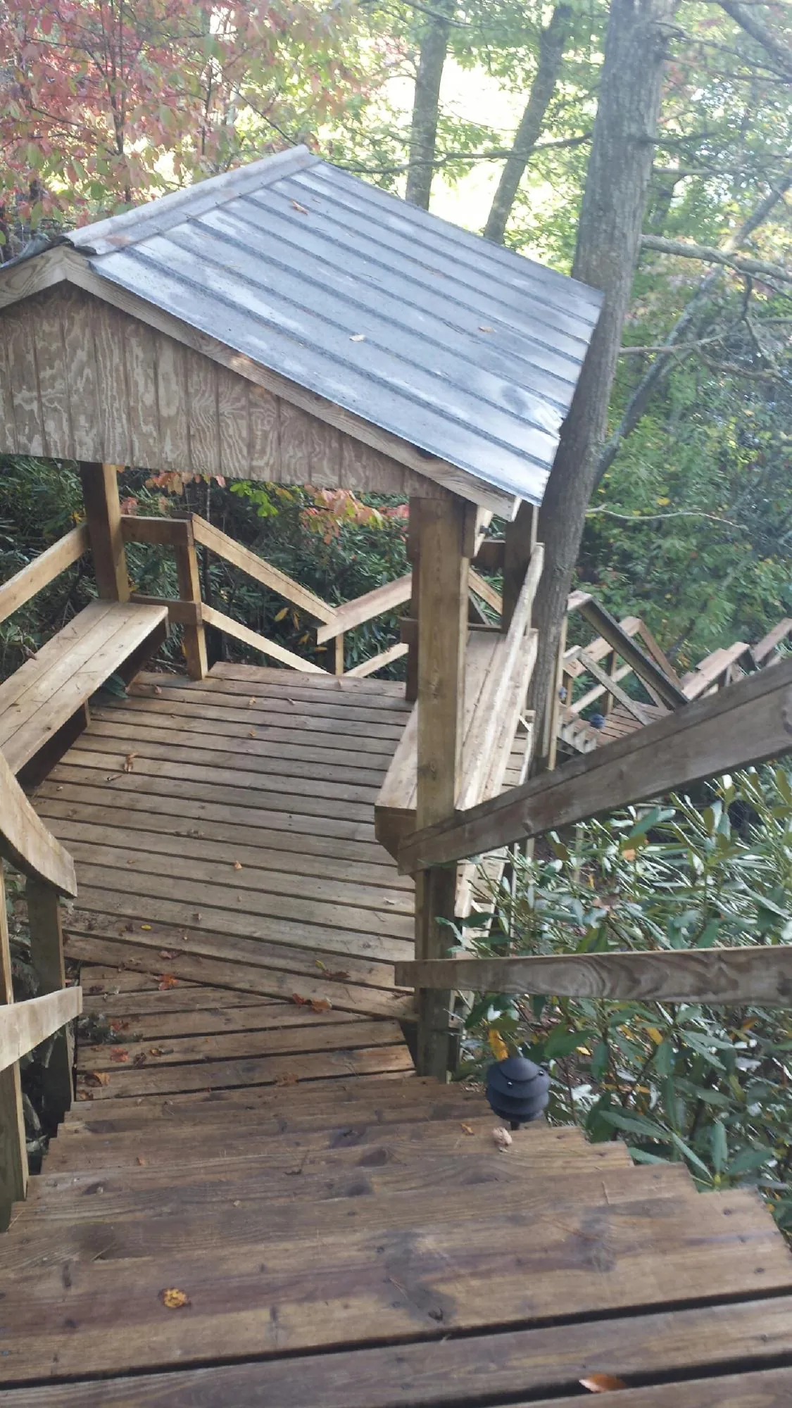 Metal roofed shelter over wooden steps on a wooded walkway — Skylight Repair & Installation work by our crew in Peachtree City